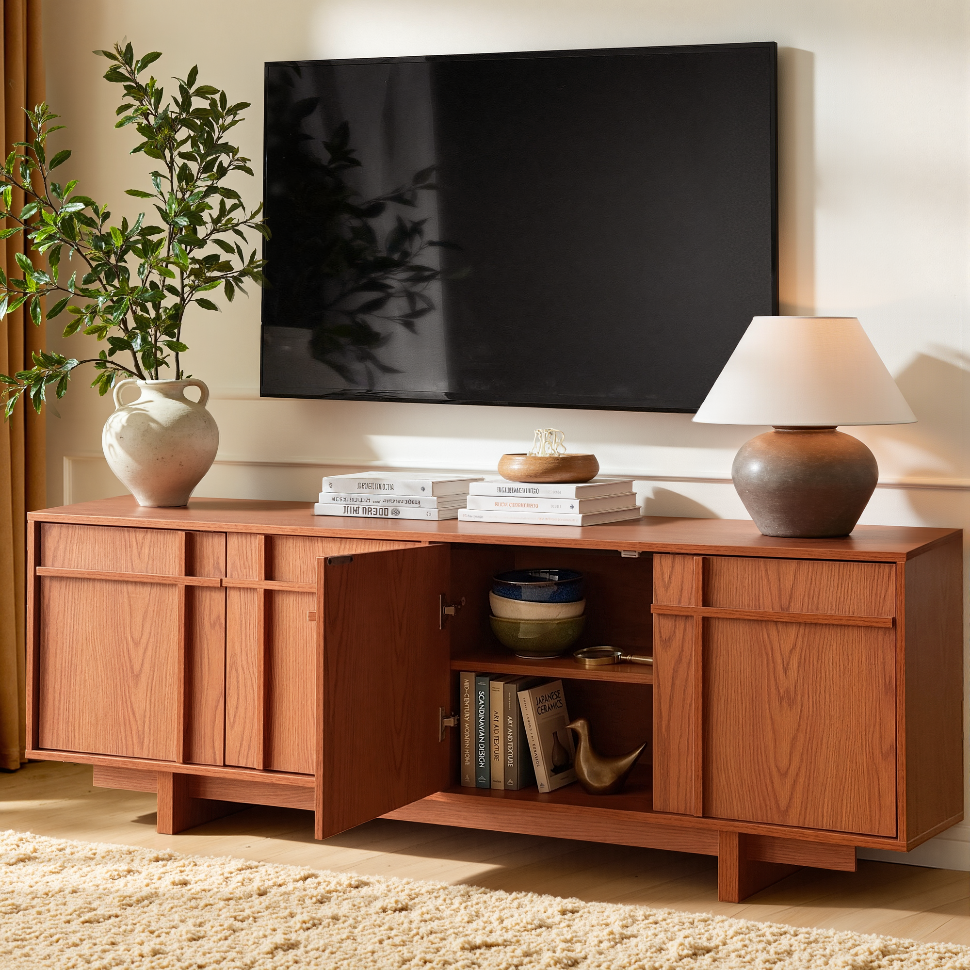 The Linear 65.6"" TV Stand | Deep Cherry Mid-Century Media Console