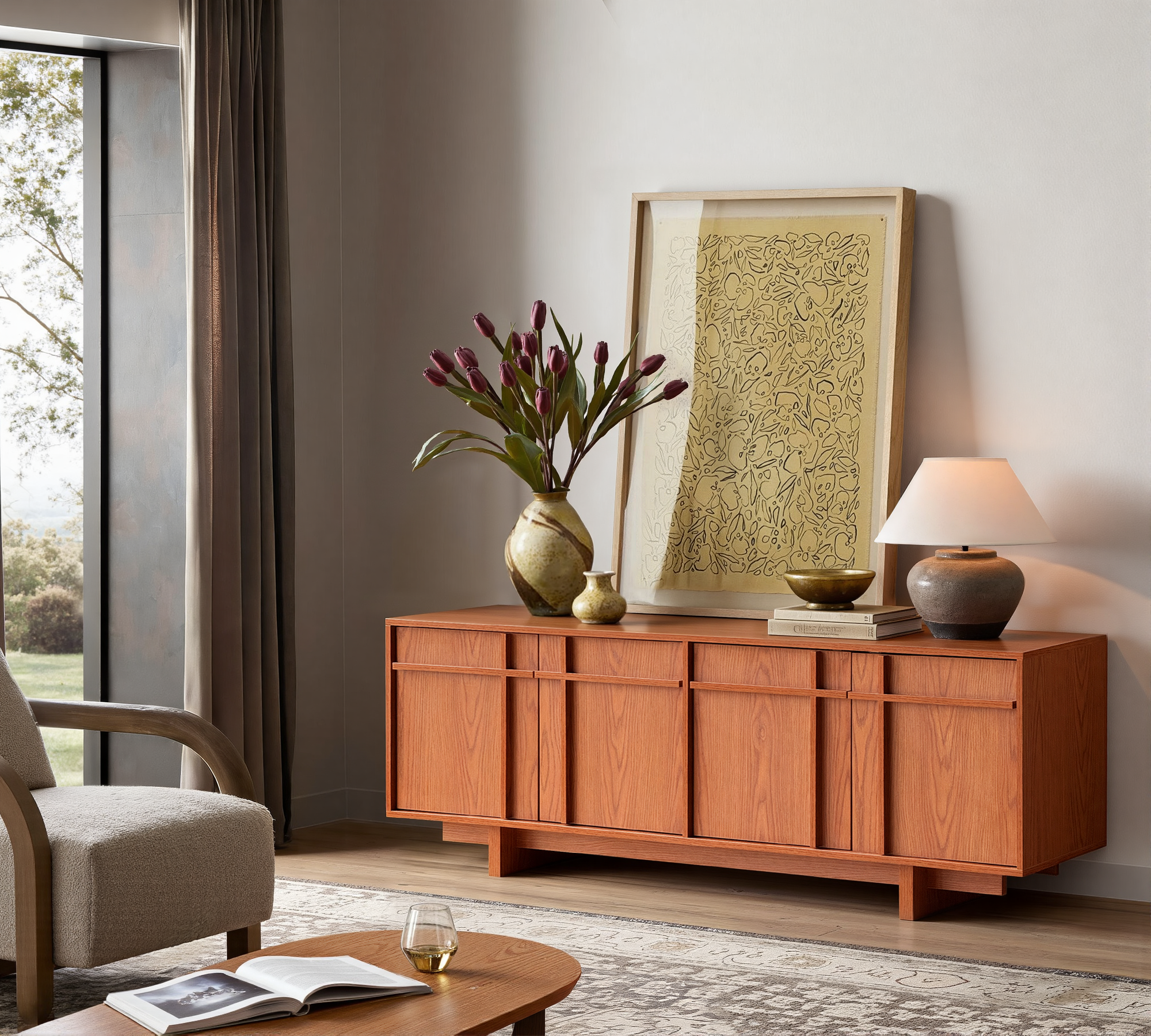 The Linear 65.6"" TV Stand | Deep Cherry Mid-Century Media Console