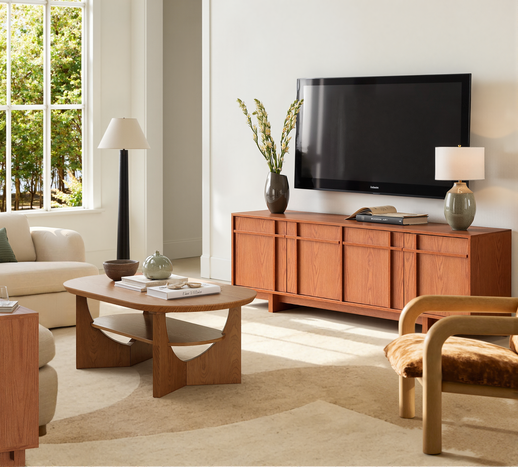 The Linear 65.6"" TV Stand | Deep Cherry Mid-Century Media Console